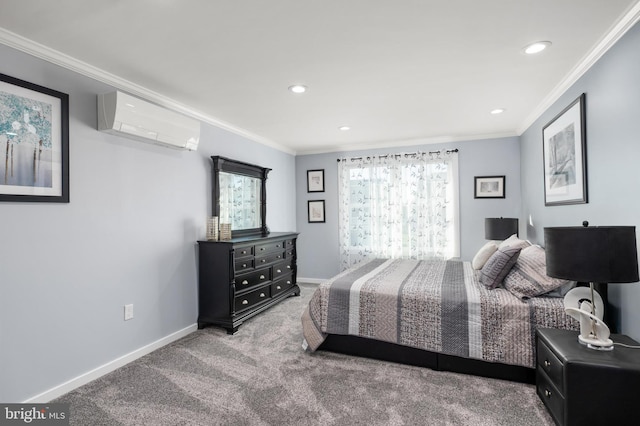 carpeted bedroom with crown molding, recessed lighting, baseboards, and a wall unit AC