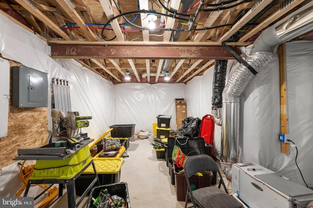 unfinished basement featuring electric panel