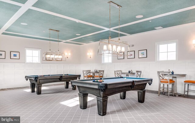 recreation room featuring wainscoting, billiards, carpet, and a decorative wall