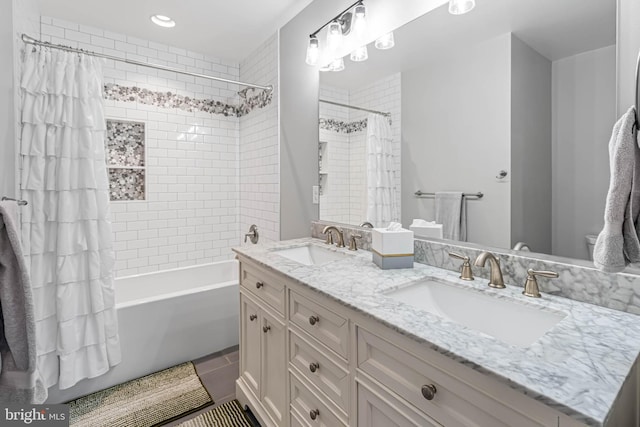 32991 Daisey Rd, Frankford, DE 19945 - bathroom with double vanity, tile patterned floors, shower / bathtub combination with curtain, and a sink