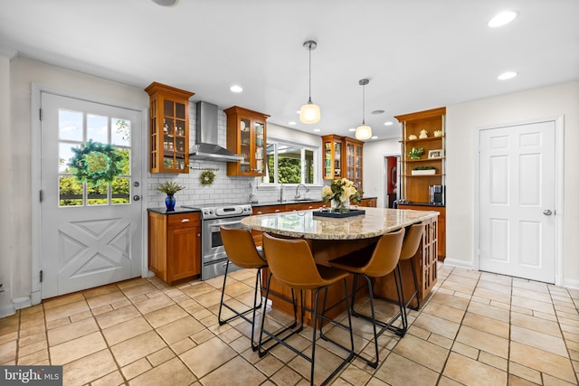2430 Stanwick Rd, Phoenix, MD 21131 - kitchen featuring wall chimney range hood, backsplash, a center island, open shelves, and electric stove