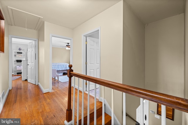2430 Stanwick Rd, Phoenix, MD 21131 - corridor with visible vents, baseboards, attic access, light wood-type flooring, and an upstairs landing