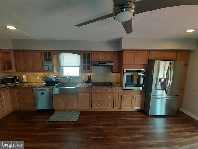 kitchen with appliances with stainless steel finishes, a sink, dark wood-style floors, under cabinet range hood, and recessed lighting