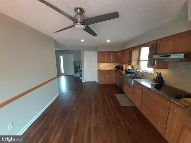 kitchen featuring glass insert cabinets, ceiling fan, dark wood-style floors, a sink, and appliances with stainless steel finishes