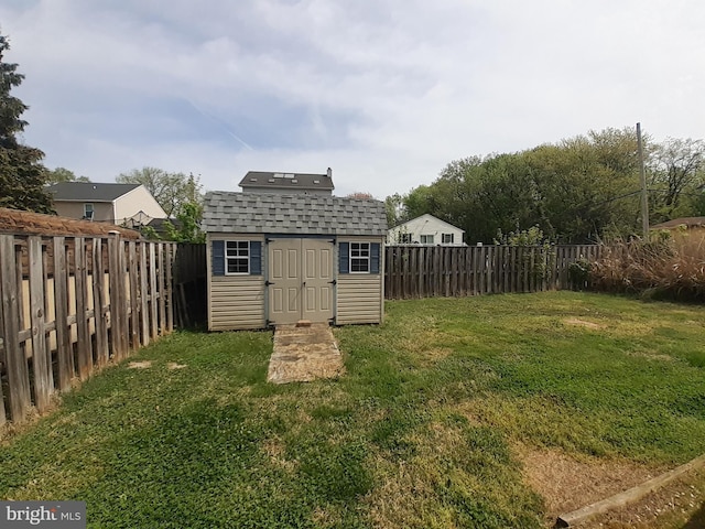 view of shed with a fenced backyard