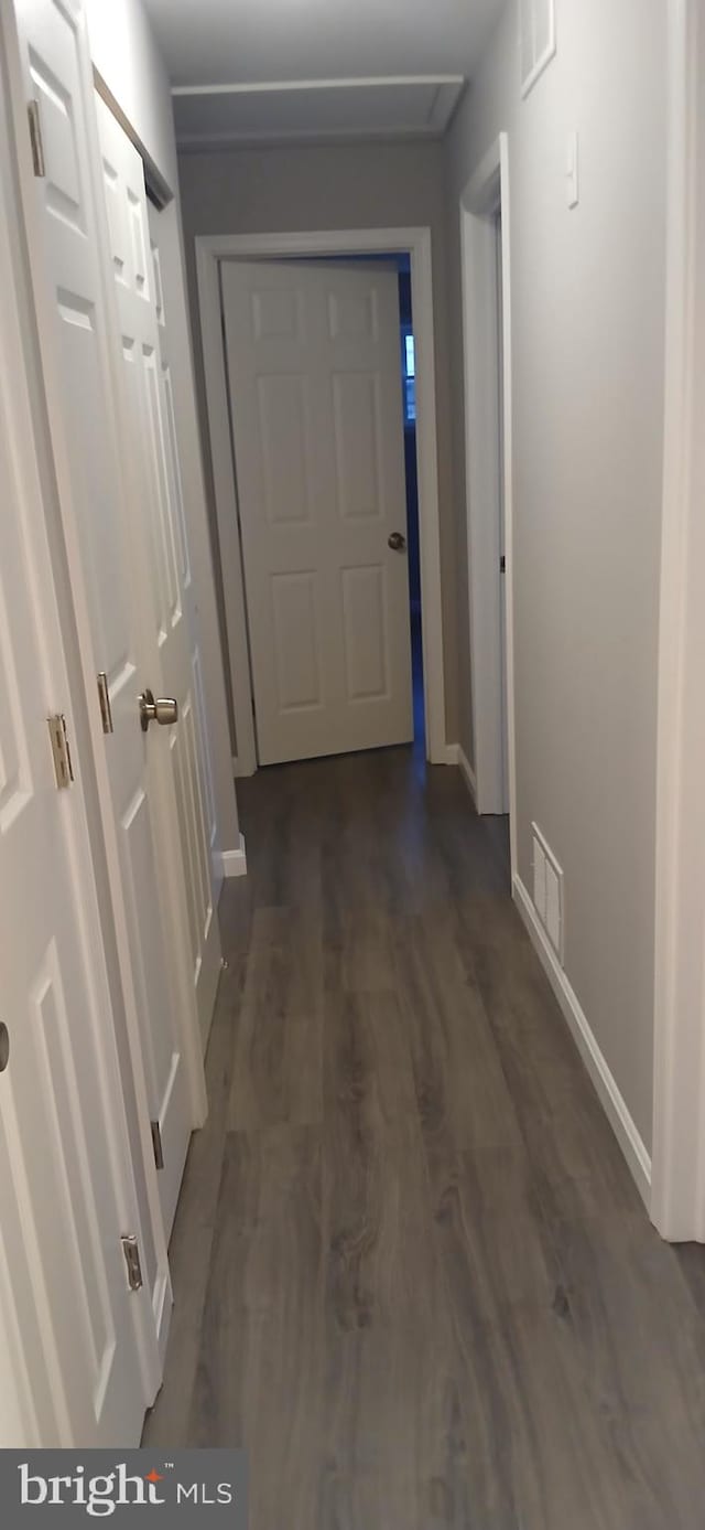 hallway with baseboards, visible vents, and dark wood-style floors