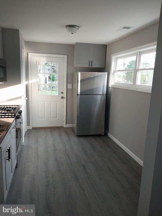kitchen with baseboards, plenty of natural light, stainless steel appliances, and dark wood-style flooring