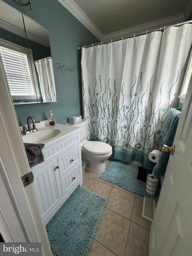 full bathroom featuring crown molding, tile patterned flooring, visible vents, vanity, and toilet