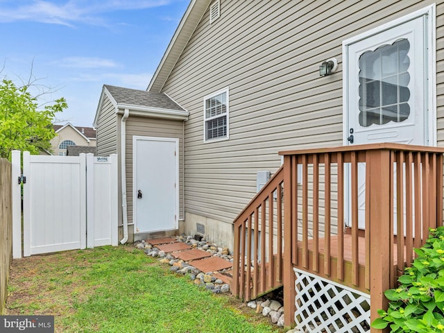 10350 Keyser Point Rd, Ocean City, MD 21842 - doorway to property with a wooden deck, fence, and roof with shingles