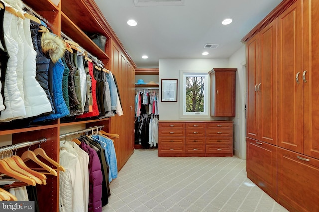 spacious closet with light colored carpet and visible vents