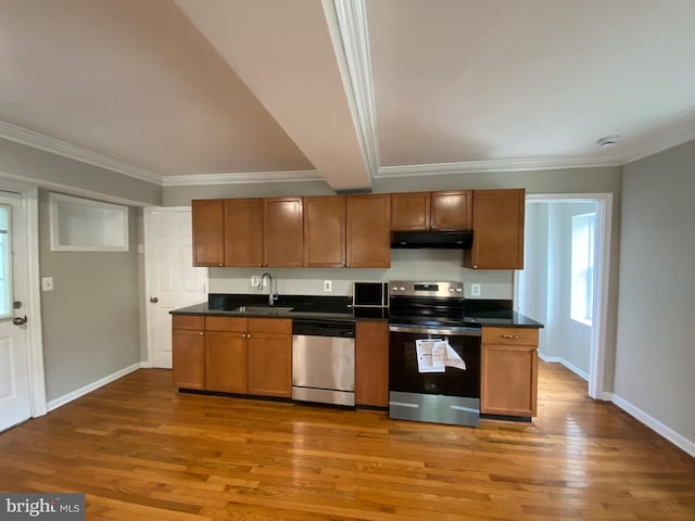 kitchen with a sink, crown molding, stainless steel appliances, and under cabinet range hood