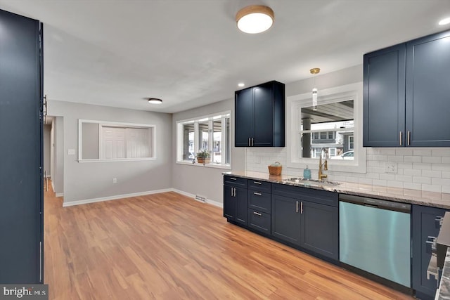 kitchen featuring a sink, baseboards, decorative backsplash, and dishwasher