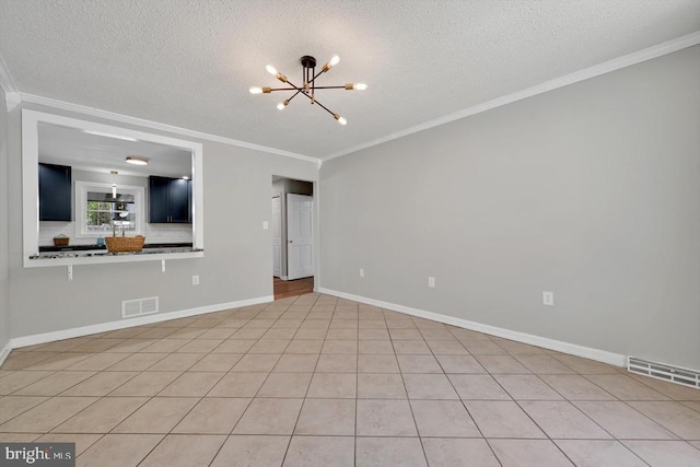 unfurnished living room featuring visible vents, ornamental molding, a textured ceiling, and a notable chandelier