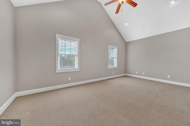 empty room featuring baseboards, carpet, a ceiling fan, and recessed lighting