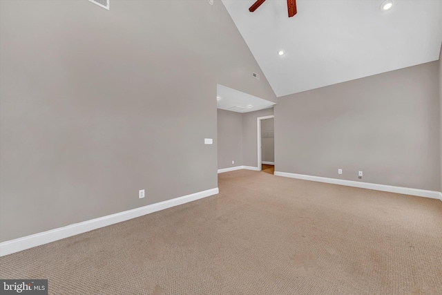 carpeted empty room featuring baseboards, a ceiling fan, and recessed lighting