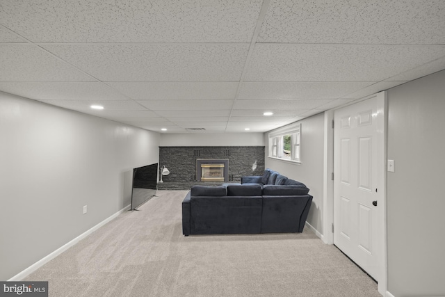 1004 Marietta Ave, Hanover, PA 17331 - carpeted living area with a paneled ceiling, a fireplace, baseboards, and recessed lighting