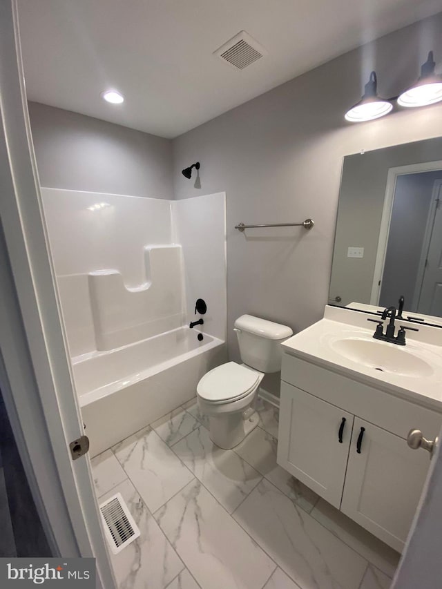 bathroom with toilet, visible vents, bathtub / shower combination, and vanity
