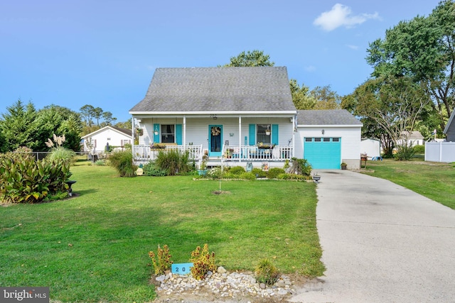 cape cod-style house with an attached garage, fence, a front yard, concrete driveway, and a porch