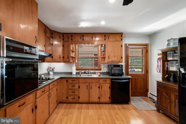 196 Taylortown Rd, Edinburg, VA 22824 - kitchen featuring black appliances, a sink, a baseboard heating unit, light wood-type flooring, and under cabinet range hood
