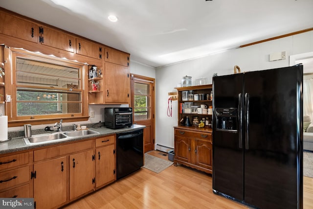 196 Taylortown Rd, Edinburg, VA 22824 - kitchen featuring black appliances, open shelves, a sink, light wood finished floors, and crown molding