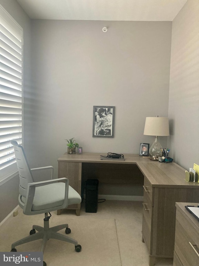 office with baseboards and light colored carpet