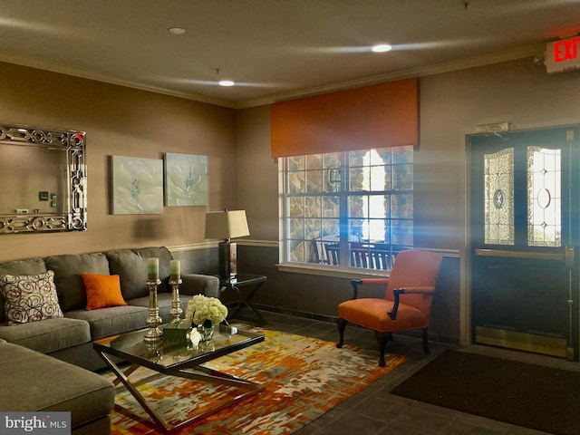 living room featuring tile patterned flooring, ornamental molding, and recessed lighting