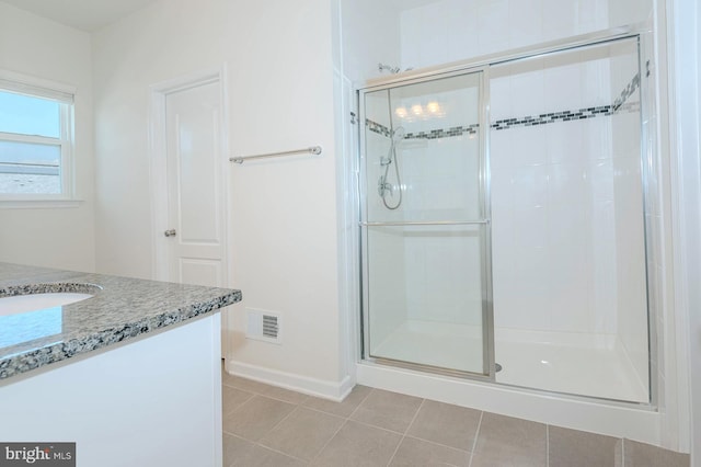 bathroom featuring visible vents, a shower stall, vanity, baseboards, and tile patterned floors