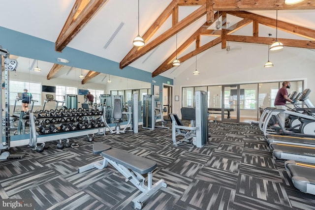 workout area with high vaulted ceiling, carpet, and visible vents
