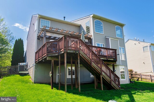 rear view of house featuring a deck, stairs, a pergola, and central air condition unit