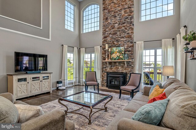 living area with a high ceiling, wood finished floors, and baseboards