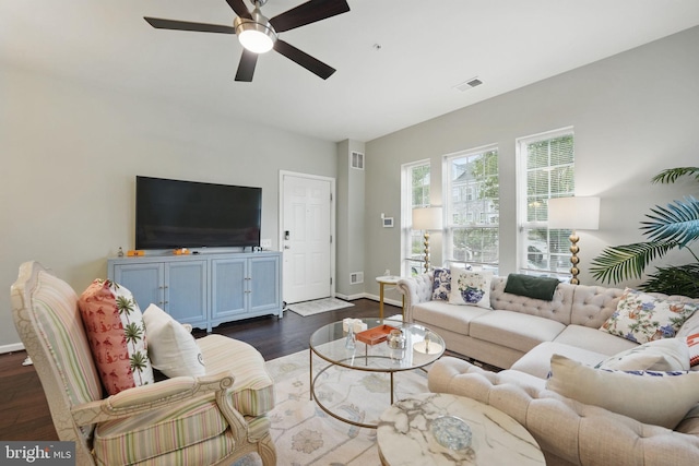 42783 Keiller Ter Unit 13A, Ashburn, VA 20147 - living area featuring dark wood-style flooring, a ceiling fan, and baseboards