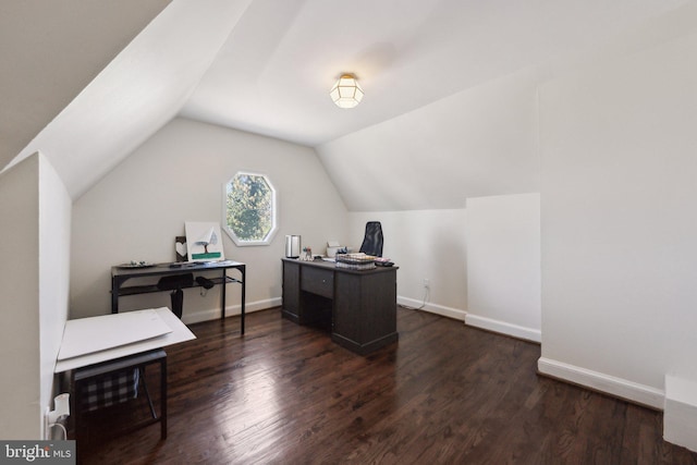 home office featuring baseboards, dark wood-style floors, and lofted ceiling