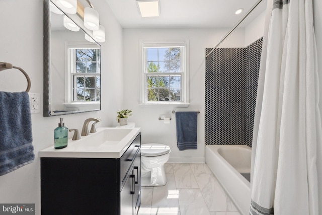 bathroom featuring vanity, shower / tub combo with curtain, toilet, and marble finish floor