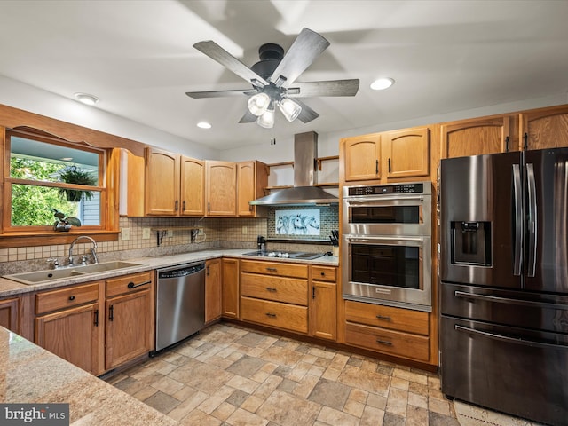 373 Thunder Hill Dr, Summit Point, WV 25446 - kitchen with stainless steel appliances, a sink, wall chimney exhaust hood, tasteful backsplash, and recessed lighting