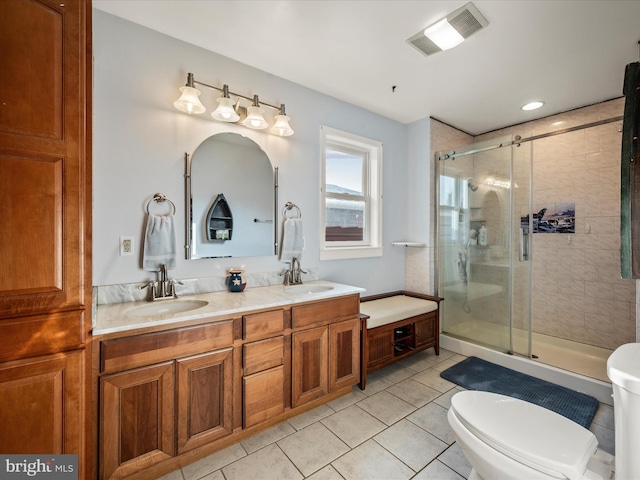 373 Thunder Hill Dr, Summit Point, WV 25446 - bathroom with toilet, tile patterned floors, a stall shower, and double vanity