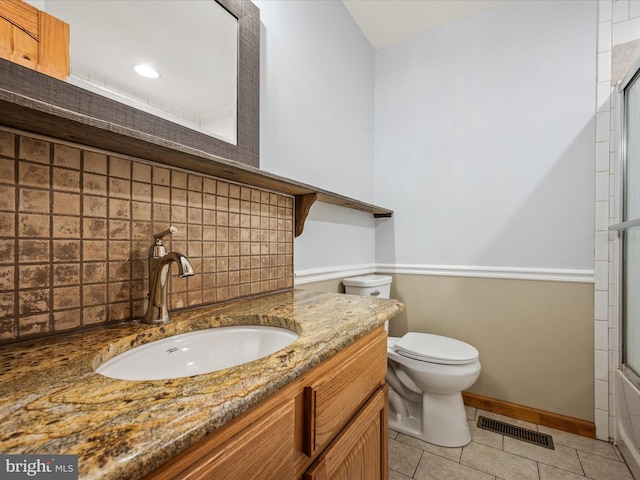373 Thunder Hill Dr, Summit Point, WV 25446 - full bath featuring toilet, an enclosed shower, tasteful backsplash, vanity, and tile patterned flooring