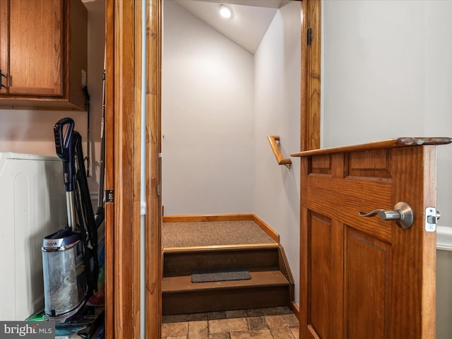 373 Thunder Hill Dr, Summit Point, WV 25446 - stairs with stone finish floors, baseboards, lofted ceiling, and recessed lighting