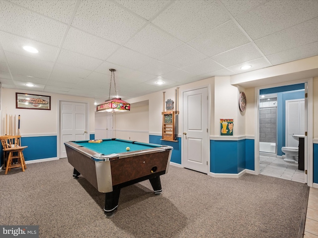 373 Thunder Hill Dr, Summit Point, WV 25446 - recreation room with a drop ceiling, baseboards, billiards table, and light colored carpet
