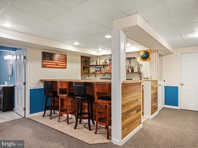 373 Thunder Hill Dr, Summit Point, WV 25446 - indoor wet bar featuring a paneled ceiling, carpet floors, baseboards, tile patterned floors, and recessed lighting