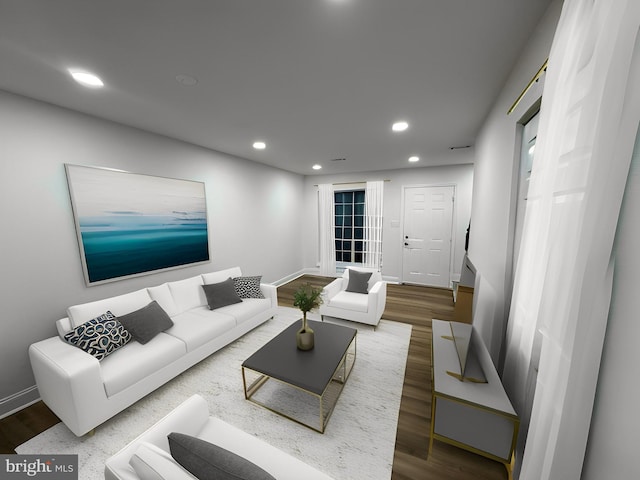 living area with recessed lighting, baseboards, and wood finished floors