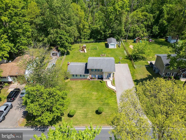 drone / aerial view with a forest view