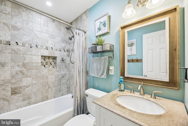 7925 Belhaven Ave, Pasadena, MD 21122 - bathroom with shower / bath combination with curtain, vanity, and toilet