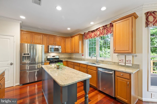 kitchen featuring appliances with stainless steel finishes, a sink, dark wood finished floors, light stone counters, and recessed lighting