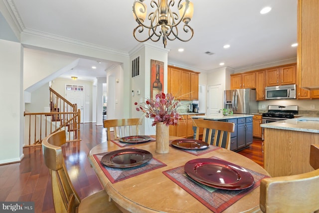 dining area with stairs, dark wood-type flooring, a chandelier, recessed lighting, and crown molding