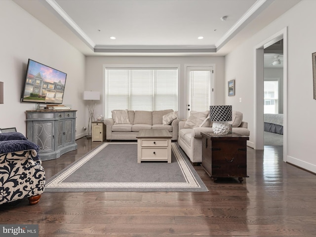 1513 Yellow Sand Ln, Odenton, MD 21113 - living area with a tray ceiling, wood finished floors, ornamental molding, and baseboards