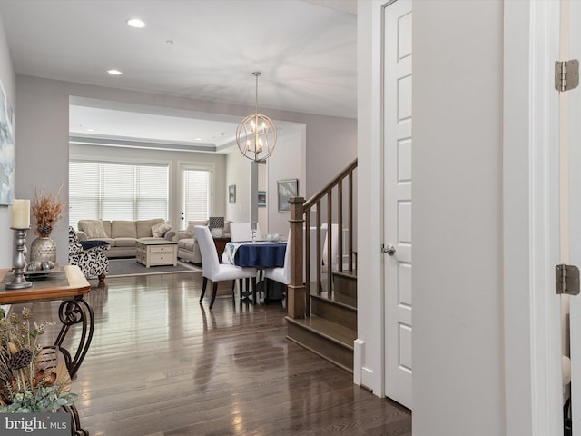 1513 Yellow Sand Ln, Odenton, MD 21113 - foyer entrance featuring stairs, dark wood-type flooring, a chandelier, and recessed lighting