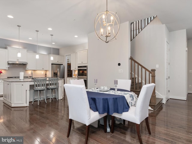 1513 Yellow Sand Ln, Odenton, MD 21113 - dining space with recessed lighting, stairs, dark wood finished floors, a chandelier, and baseboards