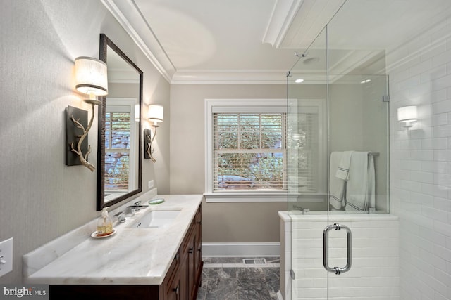 bathroom with marble look tiles, a shower stall, vanity, ornamental molding, and baseboards