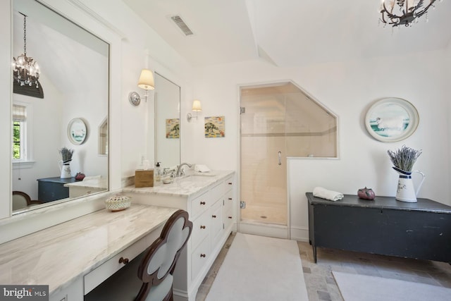 1660 Mount Pleasant Rd, Villanova, PA 19085 - bathroom with a shower stall, a chandelier, visible vents, and vanity