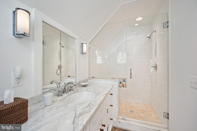 1660 Mount Pleasant Rd, Villanova, PA 19085 - bathroom featuring a stall shower, vanity, and vaulted ceiling